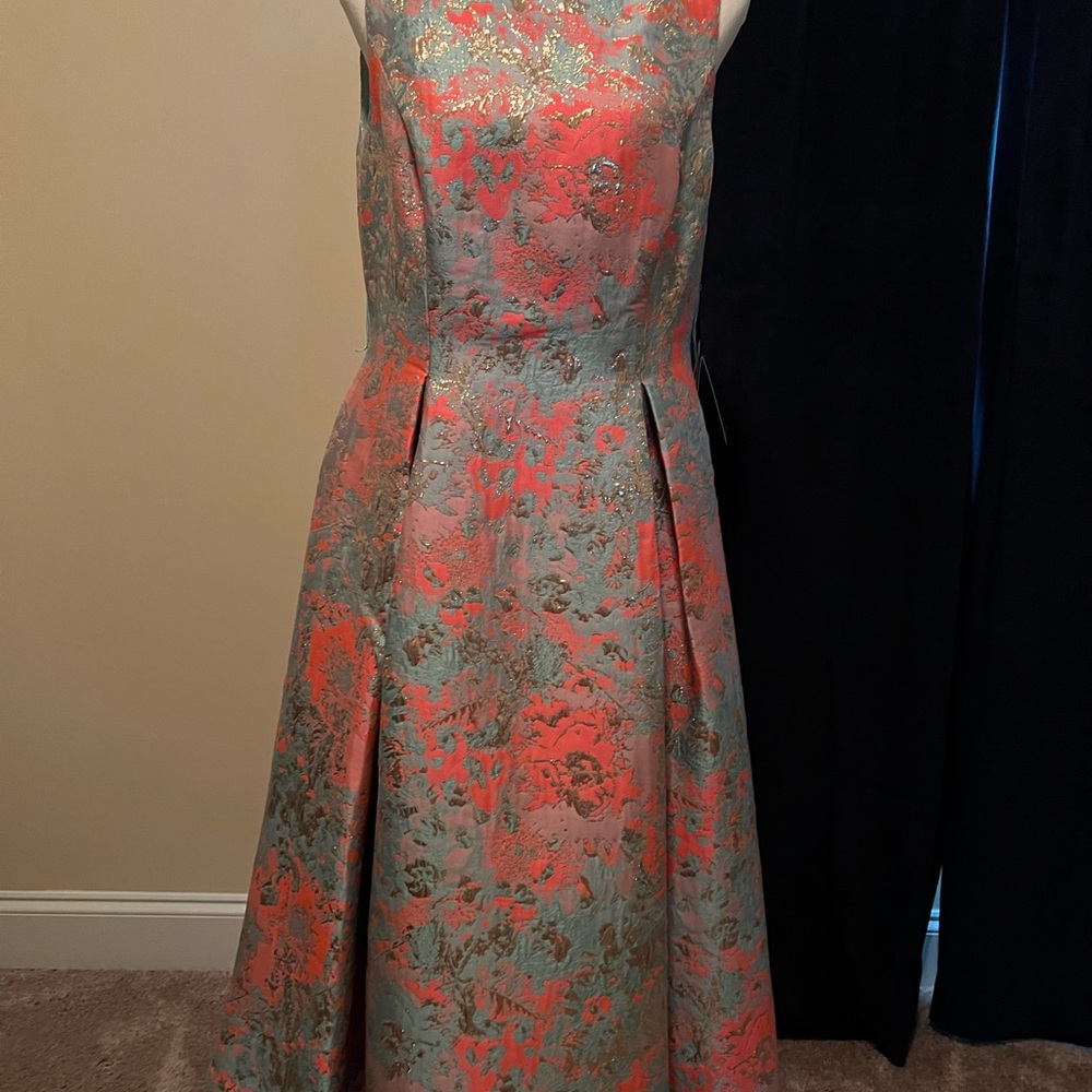 Adrianna Papell Coral and Gold Floral Midi Dress